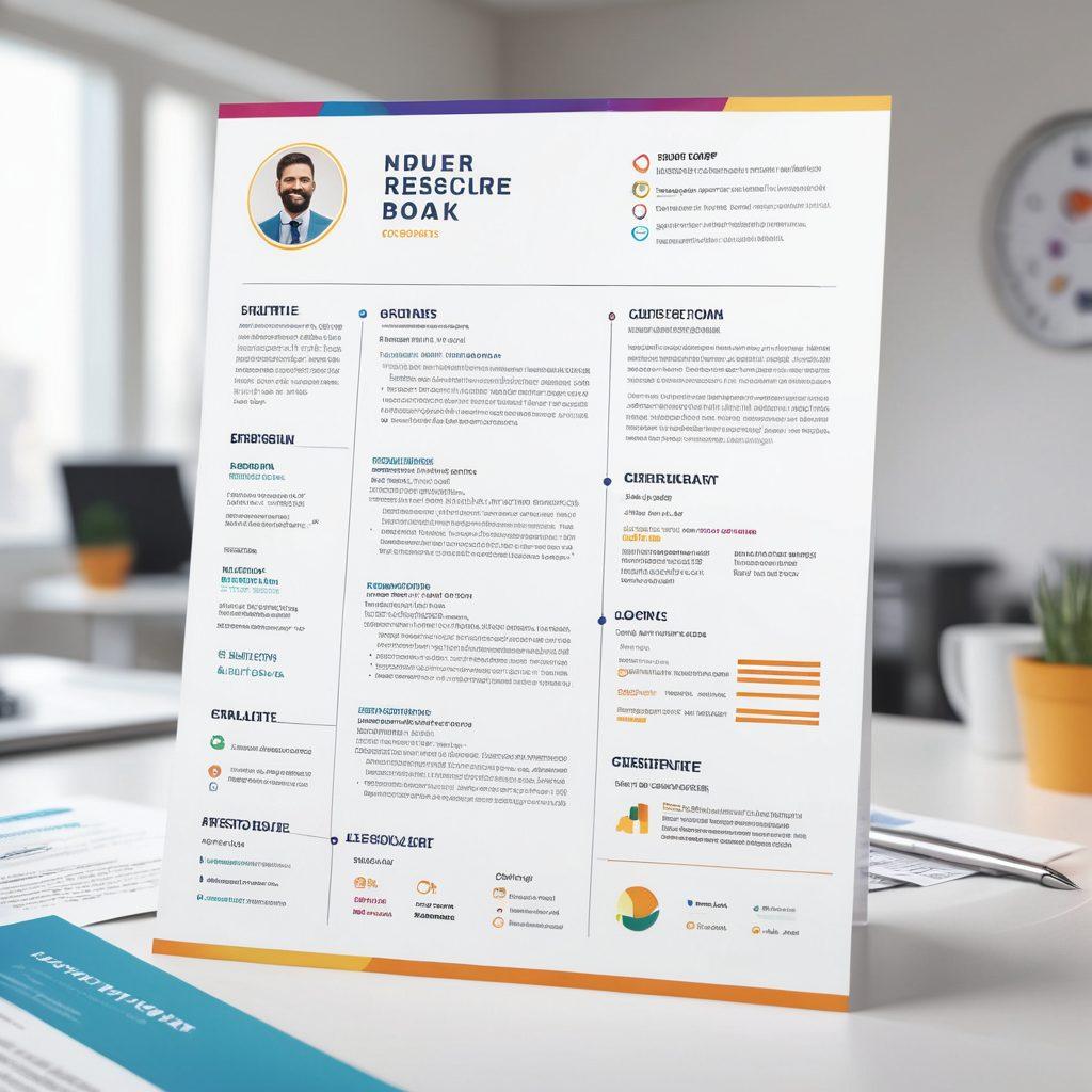 A professional looking resume featuring vibrant graphics and icons reflecting various career paths, with a person in business attire reviewing it thoughtfully. The background shows a blurred office environment, symbolizing job hunting and career growth. Include elements like a magnifying glass, upward arrows, and motivational quotes subtly integrated. super-realistic. vibrant colors. white background.