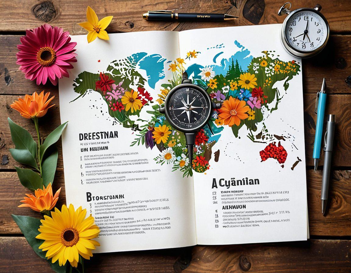 An elegant European CV spread across a rustic wooden background, adorned with vibrant flowers and soft light creating a warm ambiance. Incorporate visual elements like a compass symbolizing direction and roadmap to success. Include playful illustrations of diverse professionals engaging in career activities to evoke joy and satisfaction. This image should convey a sense of creativity, adventure, and growth. super-realistic. vibrant colors.