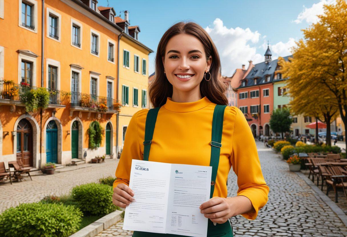 A cheerful, professional individual standing confidently with a beautifully designed European CV in hand, surrounded by bright, inviting colors that symbolize joy and success. The background features elements of European architecture and nature, exuding warmth and positivity. The CV displayed has vibrant visuals and key sections highlighted, showcasing a winning design. The overall vibe is friendly and inspiring, aimed at motivating readers in their professional journeys. vibrant colors. super-realistic.